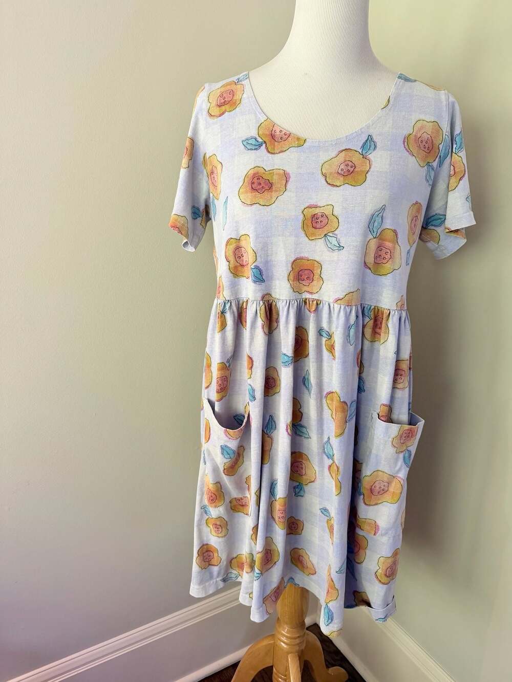 Vintage Fresh Produce Light Periwinkle Floral Check Dress Size Medium